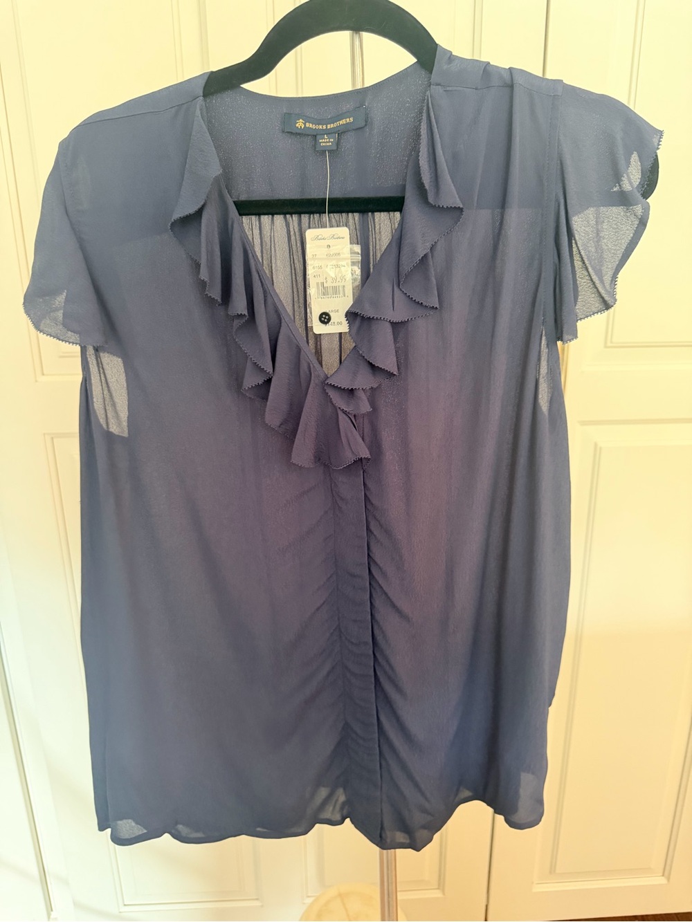 NWT Brooks Brothers Deep Blue Ruffle V-Neck Flutter Sleeve Blouse
